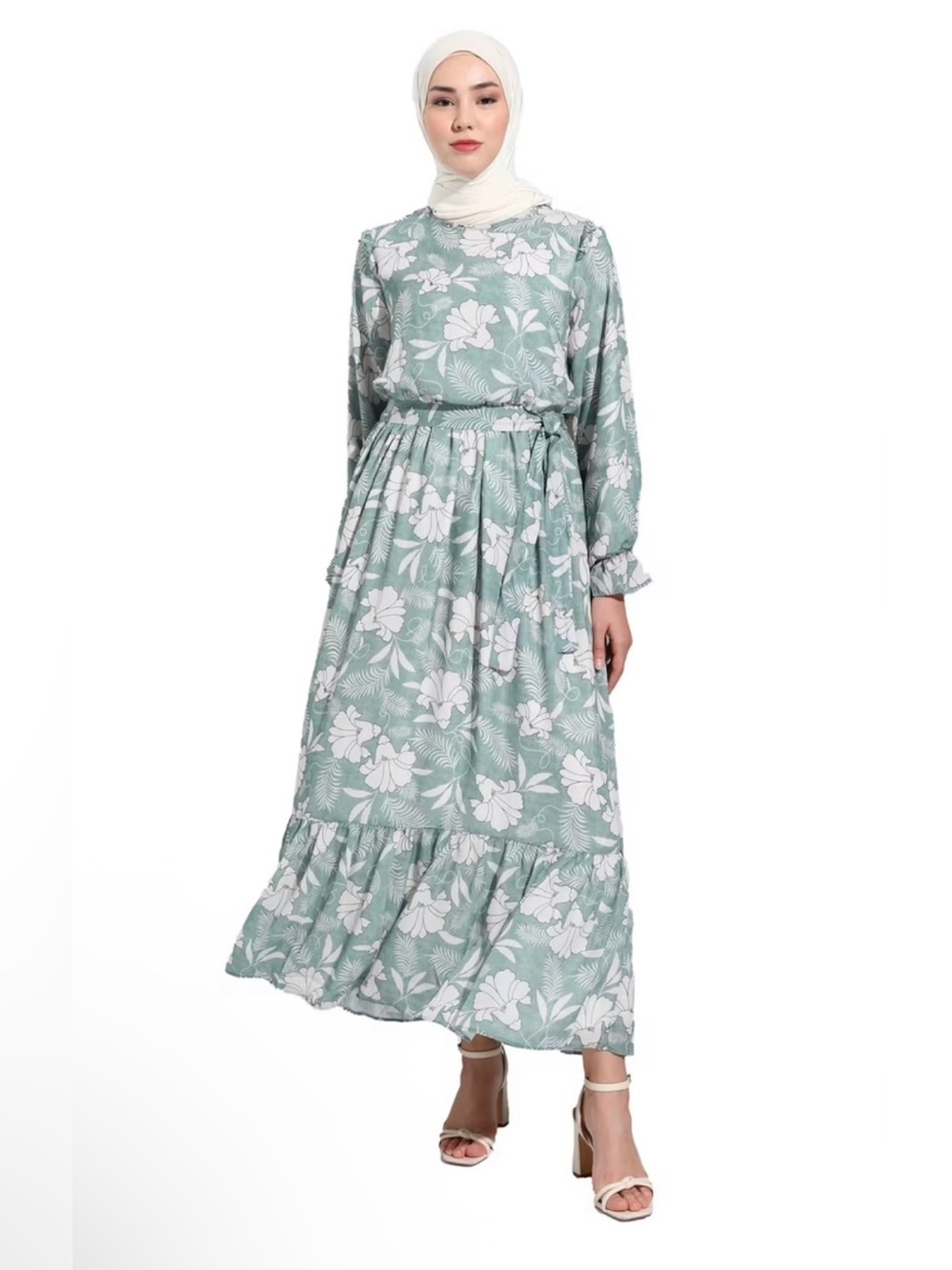 Refka by Modanisa Floral Crewneck Fully Lined Modest Dress in Sea Green Size 6